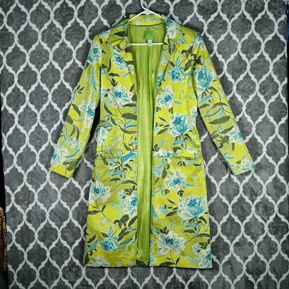 Citrine Coat Womens 4 Green Floral Print Long Duster Jacket Lined Pockets Spring - Picture 13 of 13
